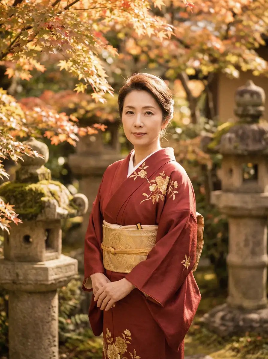 一位身穿暗红色和服的优雅 奇异果体育官网 在日式庭院中